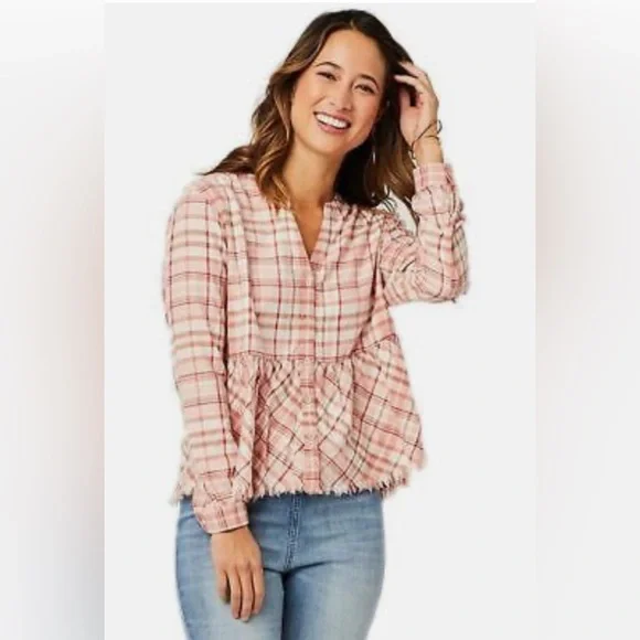 Carve Designs • Pink Red White Plaid Peplum Button Down Raw Edge Top Size XL - Picture 3 of 11